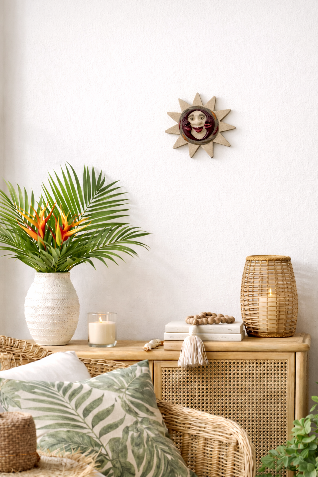Caribbean Sun and Moon Face Wall Art – Handmade Sand-Textured Décor